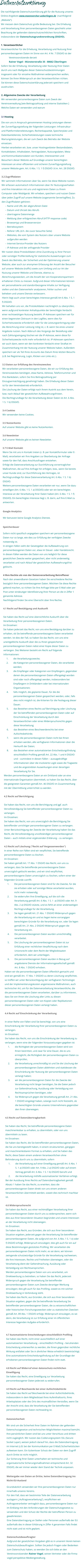 Datenschutzerklärung  Die nachfolgende Datenschutzerklärung gilt für die Nutzung unseres Online-Angebots www.maennerchor-ueberlingen.de  (nachfolgend „Website“). Wir messen dem Datenschutz große Bedeutung bei. Die Erhebung und Verarbeitung Ihrer personenbezogenen Daten geschieht unter Beachtung der geltenden datenschutzrechtlichen Vorschriften, insbesondere der Datenschutzgrundverordnung (DSGVO).  1. Verantwortlicher Verantwortlicher für die Erhebung, Verarbeitung und Nutzung Ihrer personenbezogenen Daten im Sinne von Art. 4 Nr. 7 DSGVO ist der Vereinsvorsitzende derzeit  Rainer Vogel - Münsterstraße 35 - 88662 Überlingen Sofern Sie der Erhebung, Verarbeitung oder Nutzung Ihrer Daten durch uns nach Maßgabe dieser Datenschutzbestimmungen insgesamt oder für einzelne Maßnahmen widersprechen wollen, können Sie Ihren Widerspruch an den Verantwortlichen richten. Sie können diese Datenschutzerklärung jederzeit speichern und ausdrucken.  2. Allgemeine Zwecke der Verarbeitung Wir verwenden personenbezogene Daten zum Zweck der Vereinsverwaltung [wie Beitragszahlung und interne Statistiken ] Welche Daten wir verwenden und warum 	3.1	Hosting Die von uns in Anspruch genommenen Hosting-Leistungen dienen der Zurverfügungstellung der folgenden Leistungen: Infrastruktur- und Plattformdienstleistungen, Rechenkapazität, Speicherplatz und Datenbankdienste, Sicherheitsleistungen sowie technische Wartungsleistungen, die wir zum Zweck des Betriebs der Website einsetzen. Hierbei verarbeiten wir, bzw. unser Hostinganbieter Bestandsdaten, Kontaktdaten, Inhaltsdaten, Vertragsdaten, Nutzungsdaten, Meta- und Kommunikationsdaten von Kunden, Interessenten und Besuchern dieser Website auf Grundlage unserer berechtigten Interessen an einer effizienten und sicheren Zurverfügungstellung unserer Website gem. Art. 6 Abs. 1 S. 1 f) DSGVO i.V.m. Art. 28 DSGVO.  3.2 Zugriffsdaten Wir sammeln Informationen über Sie, wenn Sie diese Website nutzen. Wir erfassen automatisch Informationen über Ihr Nutzungsverhalten und Ihre Interaktion mit uns und registrieren Daten zu Ihrem Computer oder Mobilgerät. Wir erheben, speichern und nutzen Daten über jeden Zugriff auf unsere Website (sogenannte Serverlogfiles). Zu den Zugriffsdaten gehören: -	Name und URL der abgerufenen Datei -	Datum und Uhrzeit des Abrufs -	übertragene Datenmenge -	Meldung über erfolgreichen Abruf (HTTP response code) -	Browsertyp und Browserversion -	Betriebssystem -	Referer URL (d.h. die zuvor besuchte Seite) -	Websites, die vom System des Nutzers über unsere Website aufgerufen werden -	Internet-Service-Provider des Nutzers -	IP-Adresse und der anfragende Provider Wir nutzen diese Protokolldaten ohne Zuordnung zu Ihrer Person oder sonstiger Profilerstellung für statistische Auswertungen zum Zweck des Betriebs, der Sicherheit und der Optimierung unserer Website, aber auch zur anonymen Erfassung der Anzahl der Besucher auf unserer Website (traffic) sowie zum Umfang und zur Art der Nutzung unserer Website und Dienste, ebenso zu Abrechnungszwecken, um die Anzahl der von Kooperationspartnern erhaltenen Clicks zu messen. Aufgrund dieser Informationen können wir personalisierte und standortbezogene Inhalte zur Verfügung stellen und den Datenverkehr analysieren, Fehler suchen und beheben und unsere Dienste verbessern. Hierin liegt auch unser berechtigtes Interesse gemäß Art 6 Abs. 1 S. 1 f) DSGVO. Wir behalten uns vor, die Protokolldaten nachträglich zu überprüfen, wenn aufgrund konkreter Anhaltspunkte der berechtigte Verdacht einer rechtswidrigen Nutzung besteht. IP-Adressen speichern wir für einen begrenzten Zeitraum in den Logfiles, wenn dies für Sicherheitszwecke erforderlich oder für die Leistungserbringung oder die Abrechnung einer Leistung nötig ist, z. B. wenn Sie eines unserer Angebote nutzen. Nach Abbruch des Vorgangs der Bestellung oder nach Zahlungseingang löschen wir die IP-Adresse, wenn diese für Sicherheitszwecke nicht mehr erforderlich ist. IP-Adressen speichern wir auch dann, wenn wir den konkreten Verdacht einer Straftat im Zusammenhang mit der Nutzung unserer Website haben. Außerdem speichern wir als Teil Ihres Accounts das Datum Ihres letzten Besuchs (z.B. bei Registrierung, Login, Klicken von Links etc.).  3.3 Daten zur Erfüllung des Vereinszweckes Wir verarbeiten personenbezogene Daten, die wir zur Erfüllung des Vereinszweckes benötigen, etwa Name, Adresse, Telefonnummer und Ihre Bankdaten, sofern Sie Ihre Beitragszahlung per Einzugsermächtigung genehmigt haben. Die Erhebung dieser Daten ist für den Vereinsbetrieb erforderlich.  Die Löschung der Daten erfolgt nach Ihrem Austritt aus dem Verein, bzw. nach Ablauf der gesetzlichen Aufbewahrungsfristen.  Die Rechtsgrundlage für die Verarbeitung dieser Daten ist Art. 6 Abs. 1 S. 1 b) DSGVO.   3.4 Cookies Wir verwenden keine Cookies.  3.5 Nutzerkonto Auf unserer Website gibt es keine Nutzerkonten.  3.6 Newsletter Auf unserer Website gibt es keinen Newsletter.  3.7 E-Mail Kontakt Wenn Sie mit uns in Kontakt treten (z. B. per Kontaktformular oder E-Mail), verarbeiten wir Ihre Angaben zur Bearbeitung der Anfrage sowie für den Fall, dass Anschlussfragen entstehen.  Erfolgt die Datenverarbeitung zur Durchführung vorvertraglicher Maßnahmen, die auf Ihre Anfrage hin erfolgen, bzw., wenn Sie bereits unser Kunde sind, zur Durchführung des Vertrages, ist Rechtsgrundlage für diese Datenverarbeitung Art. 6 Abs. 1 S. 1 b) DSGVO. Weitere personenbezogene Daten verarbeiten wir nur, wenn Sie dazu einwilligen (Art. 6 Abs. 1 S. 1 a) DSGVO) oder wir ein berechtigtes Interesse an der Verarbeitung Ihrer Daten haben (Art. 6 Abs. 1 S. 1 f) DSGVO). Ein berechtigtes Interesse liegt z. B. darin, auf Ihre E-Mail zu antworten. Google Analytics Wir benutzen keine Google Analytics Dienste.  Speicherdauer Sofern nicht spezifisch angegeben speichern wir personenbezogene Daten nur so lange, wie dies zur Erfüllung der verfolgten Zwecke notwendig ist. In einigen Fällen sieht der Gesetzgeber die Aufbewahrung von personenbezogenen Daten vor, etwa im Steuer- oder Handelsrecht. In diesen Fällen werden die Daten von uns lediglich für diese gesetzlichen Zwecke weiter gespeichert, aber nicht anderweitig verarbeitet und nach Ablauf der gesetzlichen Aufbewahrungsfrist gelöscht.    4 Ihre Rechte als von der Datenverarbeitung Betroffener Nach den anwendbaren Gesetzen haben Sie verschiedene Rechte bezüglich Ihrer personenbezogenen Daten. Möchten Sie diese Rechte geltend machen, so richten Sie Ihre Anfrage bitte per E-Mail oder per Post unter eindeutiger Identifizierung Ihrer Person an die in Ziffer 1 genannte Adresse. Nachfolgend finden Sie eine Übersicht über Ihre Rechte.  4.1 Recht auf Bestätigung und Auskunft  Sie haben das Recht auf eine übersichtliche Auskunft über die Verarbeitung Ihrer personenbezogenen Daten. Im Einzelnen:  Sie haben jederzeit das Recht, von uns eine Bestätigung darüber zu erhalten, ob Sie betreffende personenbezogene Daten verarbeitet werden. Ist dies der Fall, so haben Sie das Recht, von uns eine unentgeltliche Auskunft über die zu Ihnen gespeicherten personenbezogenen Daten nebst einer Kopie dieser Daten zu verlangen. Des Weiteren besteht ein Recht auf folgende Informationen:  	1.	die Verarbeitungszwecke; 	2.	die Kategorien personenbezogener Daten, die verarbeitet werden; 	3.	die Empfänger oder Kategorien von Empfängern, gegenüber denen die personenbezogenen Daten offengelegt worden sind oder noch offengelegt werden, insbesondere bei Empfängern in Drittländern oder bei internationalen Organisationen; 	4.	falls möglich, die geplante Dauer, für die die personenbezogenen Daten gespeichert werden, oder, falls dies nicht möglich ist, die Kriterien für die Festlegung dieser Dauer; 	5.	das Bestehen eines Rechts auf Berichtigung oder Löschung der Sie betreffenden personenbezogenen Daten oder auf Einschränkung der Verarbeitung durch den Verantwortlichen oder eines Widerspruchsrechts gegen diese Verarbeitung; 	6.	das Bestehen eines Beschwerderechts bei einer Aufsichtsbehörde; 	7.	wenn die personenbezogenen Daten nicht bei Ihnen erhoben werden, alle verfügbaren Informationen über die Herkunft der Daten; 	8.	das Bestehen einer automatisierten Entscheidungsfindung einschließlich Profiling gemäß Art. 22 Abs. 1 und 4 DSGVO und – zumindest in diesen Fällen – aussagekräftige Informationen über die involvierte Logik sowie die Tragweite und die angestrebten Auswirkungen einer derartigen Verarbeitung für Sie. Werden personenbezogene Daten an ein Drittland oder an eine internationale Organisation übermittelt, so haben Sie das Recht, über die geeigneten Garantien gemäß Art. 46 DSGVO im Zusammenhang mit der Übermittlung unterrichtet zu werden.  4.2 Recht auf Berichtigung  Sie haben das Recht, von uns die Berichtigung und ggf. auch Vervollständigung Sie betreffender personenbezogener Daten zu verlangen. Im Einzelnen: Sie haben das Recht, von uns unverzüglich die Berichtigung Sie betreffender unrichtiger personenbezogener Daten zu verlangen. Unter Berücksichtigung der Zwecke der Verarbeitung haben Sie das Recht, die Vervollständigung unvollständiger personenbezogener Daten – auch mittels einer ergänzenden Erklärung – zu verlangen.  4.3 Recht auf Löschung ("Recht auf Vergessenwerden") In einer Reihe von Fällen sind wir verpflichtet, Sie betreffende personenbezogene Daten zu löschen.  Im Einzelnen: Sie haben gemäß Art. 17 Abs. 1 DSGVO das Recht, von uns zu verlangen, dass Sie betreffende personenbezogene Daten unverzüglich gelöscht werden, und wir sind verpflichtet, personenbezogene Daten unverzüglich zu löschen, sofern einer der folgenden Gründe zutrifft: 	1.	Die personenbezogenen Daten sind für die Zwecke, für die sie erhoben oder auf sonstige Weise verarbeitet wurden, nicht mehr notwendig. 	2.	Sie widerrufen Ihre Einwilligung, auf die sich die Verarbeitung gemäß Art. 6 Abs. 1 S. 1  a) DSGVO oder Art. 9 Abs. 2 a) DSGVO stützte, und es fehlt an einer anderweitigen Rechtsgrundlage für die Verarbeitung. 	3.	Sie legen gemäß Art. 21 Abs. 1 DSGVO Widerspruch gegen die Verarbeitung ein und es liegen keine vorrangigen berechtigten Gründe für die Verarbeitung vor, oder Sie legen gemäß Art. 21 Abs. 2 DSGVO Widerspruch gegen die Verarbeitung ein. 	4.	Die personenbezogenen Daten wurden unrechtmäßig verarbeitet. 	5.	Die Löschung der personenbezogenen Daten ist zur Erfüllung einer rechtlichen Verpflichtung nach dem Unionsrecht oder dem Recht der Mitgliedstaaten erforderlich, dem wir unterliegen. 	6.	Die personenbezogenen Daten wurden in Bezug auf angebotene Dienste der Informationsgesellschaft gemäß Art. 8 Abs. 1 DSGVO erhoben. Haben wir die personenbezogenen Daten öffentlich gemacht und sind wir gemäß Art. 17 Abs. 1 DSGVO zu deren Löschung verpflichtet, so treffen wir unter Berücksichtigung der verfügbaren Technologie und der Implementierungskosten angemessene Maßnahmen, auch technischer Art, um für die Datenverarbeitung Verantwortliche, die die personenbezogenen Daten verarbeiten, darüber zu informieren, dass Sie von ihnen die Löschung aller Links zu diesen personenbezogenen Daten oder von Kopien oder Replikationen dieser personenbezogenen Daten verlangt haben.  4.4 Recht auf Einschränkung der Verarbeitung  In einer Reihe von Fällen sind Sie berechtigt, von uns eine Einschränkung der Verarbeitung Ihrer personenbezogenen Daten zu verlangen.  Im Einzelnen:  Sie haben das Recht, von uns die Einschränkung der Verarbeitung zu verlangen, wenn eine der folgenden Voraussetzungen gegeben ist: 	1.	die Richtigkeit der personenbezogenen Daten wird von Ihnen bestritten, und zwar für eine Dauer, die es uns ermöglicht, die Richtigkeit der personenbezogenen Daten zu überprüfen, 	2.	die Verarbeitung unrechtmäßig ist und Sie die Löschung der personenbezogenen Daten ablehnten und stattdessen die Einschränkung der Nutzung der personenbezogenen Daten verlangt haben; 	3.	wir die personenbezogenen Daten für die Zwecke der Verarbeitung nicht länger benötigen, Sie die Daten jedoch zur Geltendmachung, Ausübung oder Verteidigung von Rechtsansprüchen benötigen, oder 	4.	Sie Widerspruch gegen die Verarbeitung gemäß Art. 21 Abs. 1 DSGVO eingelegt haben, solange noch nicht feststeht, ob die berechtigten Gründe unseres Unternehmens gegenüber den Ihren überwiegen. 4.5 Recht auf Datenübertragbarkeit  Sie haben das Recht, Sie betreffende personenbezogene Daten maschinenlesbar zu erhalten, zu übermitteln, oder von uns übermitteln zu lasen. Im Einzelnen:  Sie haben das Recht, die Sie betreffenden personenbezogenen Daten, die Sie uns bereitgestellt haben, in einem strukturierten, gängigen und maschinenlesbaren Format zu erhalten, und Sie haben das Recht, diese Daten einem anderen Verantwortlichen ohne Behinderung durch uns zu übermitteln, sofern 	1.	die Verarbeitung auf einer Einwilligung gemäß Art. 6 Abs. 1 S. 1 a) DSGVO oder Art. 9 Abs. 2 a) DSGVO oder auf einem Vertrag gemäß Art. 6 Abs. 1 S. 1 b) DSGVO beruht und 	2.	die Verarbeitung mithilfe automatisierter Verfahren erfolgt. Bei der Ausübung Ihres Rechts auf Datenübertragbarkeit gemäß Absatz 1 haben Sie das Recht, zu erwirken, dass die personenbezogenen Daten direkt von uns einem anderen Verantwortlichen übermittelt werden, soweit dies technisch machbar ist.  4.6 Widerspruchsrecht Sie haben das Recht, aus einer rechtmäßigen Verarbeitung Ihrer personenbezogenen Daten durch uns zu widersprechen, wenn sich dies aus Ihrer besonderen Situation begründet und unsere Interessen an der Verarbeitung nicht überwiegen.  Im Einzelnen:  Sie haben das Recht, aus Gründen, die sich aus Ihrer besonderen Situation ergeben, jederzeit gegen die Verarbeitung Sie betreffender personenbezogener Daten, die aufgrund von Art. 6 Abs. 1 S. 1 e) oder f) DSGVO erfolgt, Widerspruch einzulegen; dies gilt auch für ein auf diese Bestimmungen gestütztes Profiling. Wir verarbeiten die personenbezogenen Daten nicht mehr, es sei denn, wir können zwingende schutzwürdige Gründe für die Verarbeitung nachweisen, die Ihre Interessen, Rechte und Freiheiten überwiegen, oder die Verarbeitung dient der Geltendmachung, Ausübung oder Verteidigung von Rechtsansprüchen. Werden personenbezogene Daten von uns verarbeitet, um Direktwerbung zu betreiben, so haben Sie das Recht, jederzeit Widerspruch gegen die Verarbeitung Sie betreffender personenbezogener Daten zum Zwecke derartiger Werbung einzulegen; dies gilt auch für das Profiling, soweit es mit solcher Direktwerbung in Verbindung steht. Sie haben das Recht, aus Gründen, die sich aus Ihrer besonderen Situation ergeben, gegen die Sie betreffende Verarbeitung Sie betreffender personenbezogener Daten, die zu wissenschaftlichen oder historischen Forschungszwecken oder zu statistischen Zwecken gemäß Art. 89 Abs. 1 DSGVO erfolgt, Widerspruch einzulegen, es sei denn, die Verarbeitung ist zur Erfüllung einer im öffentlichen Interesse liegenden Aufgabe erforderlich.   4.7 Automatisierte Entscheidungen einschließlich Profiling Sie haben das Recht, nicht einer ausschließlich auf einer automatisierten Verarbeitung – einschließlich Profiling – beruhenden Entscheidung unterworfen zu werden, die Ihnen gegenüber rechtliche Wirkung entfaltet oder Sie in ähnlicher Weise erheblich beeinträchtigt. Eine automatisierte Entscheidungsfindung auf der Grundlage der erhobenen personenbezogenen Daten findet nicht statt.  4.8 Recht auf Widerruf einer datenschutz-rechtlichen Einwilligung Sie haben das Recht, eine Einwilligung zur Verarbeitung personenbezogener Daten jederzeit zu widerrufen.  4.9 Recht auf Beschwerde bei einer Aufsichtsbehörde Sie haben das Recht auf Beschwerde bei einer Aufsichtsbehörde, insbesondere in dem Mitgliedstaat Ihres Aufenthaltsorts, Ihres Arbeitsplatzes oder des Orts des mutmaßlichen Verstoßes, wenn Sie der Ansicht sind, dass die Verarbeitung der Sie betreffenden personenbezogenen Daten rechtswidrig ist. Datensicherheit Wir sind um die Sicherheit Ihrer Daten im Rahmen der geltenden Datenschutzgesetze und technischen Möglichkeiten maximal bemüht.  Ihre persönlichen Daten sind bei uns unter Verschluss und dritten nicht zugänglich. Wir nutzen das Codierungssystem SSL (Secure Socket Layer), weisen jedoch darauf hin, dass die Datenübertragung im Internet (z.B. bei der Kommunikation per E-Mail) Sicherheitslücken aufweisen kann. Ein lückenloser Schutz der Daten vor dem Zugriff durch Dritte ist nicht möglich. Zur Sicherung Ihrer Daten unterhalten wir technische und organisatorische Sicherungsmaßnahmen entsprechend Art. 32 DSGVO, die wir immer wieder dem Stand der Technik anpassen.  Weitergabe von Daten an Dritte, keine Datenübertragung ins Nicht-EU-Ausland Grundsätzlich verwenden wir Ihre personenbezogenen Daten nur innerhalb unseres Vereins. Für den Fall, dass wir bestimmte Teile der Datenverarbeitung auslagern („Auftragsverarbeitung“), verpflichten wir Auftragsverarbeiter vertraglich dazu, personenbezogene Daten nur im Einklang mit den Anforderungen der Datenschutzgesetze zu verwenden und den Schutz der Rechte der betroffenen Person zu gewährleisten. Eine Datenübertragung an Stellen oder Personen außerhalb der EU außerhalb des in dieser Erklärung in Ziffer 4 genannten Falls findet nicht statt und ist nicht geplant.    Datenschutzbeauftragter Aufgrund der gesetzlichen Vorgaben gibt es in unserem Verein keinen Datenschutzbeauftragten. Sollten Sie jedoch Fragen oder Bedenken zum Datenschutz haben, so wenden Sie sich bitte an den Vereinsvorsitzenden Rainer Vogel, seinen Vertreter oder die Firma vogel-perspektive Mediengestaltung.