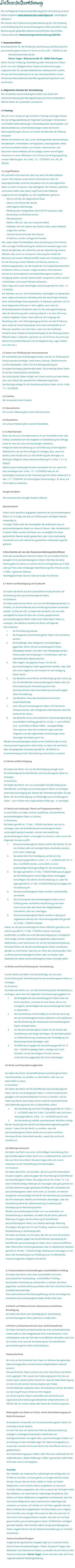 Datenschutzerklärung  Die nachfolgende Datenschutzerklärung gilt für die Nutzung unseres Online-Angebots www.maennerchor-ueberlingen.de  (nachfolgend „Website“). Wir messen dem Datenschutz große Bedeutung bei. Die Erhebung und Verarbeitung Ihrer personenbezogenen Daten geschieht unter Beachtung der geltenden datenschutzrechtlichen Vorschriften, insbesondere der Datenschutzgrundverordnung (DSGVO).  1. Verantwortlicher Verantwortlicher für die Erhebung, Verarbeitung und Nutzung Ihrer personenbezogenen Daten im Sinne von Art. 4 Nr. 7 DSGVO ist der Vereinsvorsitzende derzeit  Rainer Vogel - Münsterstraße 35 - 88662 Überlingen Sofern Sie der Erhebung, Verarbeitung oder Nutzung Ihrer Daten durch uns nach Maßgabe dieser Datenschutzbestimmungen insgesamt oder für einzelne Maßnahmen widersprechen wollen, können Sie Ihren Widerspruch an den Verantwortlichen richten. Sie können diese Datenschutzerklärung jederzeit speichern und ausdrucken.  2. Allgemeine Zwecke der Verarbeitung Wir verwenden personenbezogene Daten zum Zweck der Vereinsverwaltung [wie Beitragszahlung und interne Statistiken ] Welche Daten wir verwenden und warum 	3.1	Hosting Die von uns in Anspruch genommenen Hosting-Leistungen dienen der Zurverfügungstellung der folgenden Leistungen: Infrastruktur- und Plattformdienstleistungen, Rechenkapazität, Speicherplatz und Datenbankdienste, Sicherheitsleistungen sowie technische Wartungsleistungen, die wir zum Zweck des Betriebs der Website einsetzen. Hierbei verarbeiten wir, bzw. unser Hostinganbieter Bestandsdaten, Kontaktdaten, Inhaltsdaten, Vertragsdaten, Nutzungsdaten, Meta- und Kommunikationsdaten von Kunden, Interessenten und Besuchern dieser Website auf Grundlage unserer berechtigten Interessen an einer effizienten und sicheren Zurverfügungstellung unserer Website gem. Art. 6 Abs. 1 S. 1 f) DSGVO i.V.m. Art. 28 DSGVO.  3.2 Zugriffsdaten Wir sammeln Informationen über Sie, wenn Sie diese Website nutzen. Wir erfassen automatisch Informationen über Ihr Nutzungsverhalten und Ihre Interaktion mit uns und registrieren Daten zu Ihrem Computer oder Mobilgerät. Wir erheben, speichern und nutzen Daten über jeden Zugriff auf unsere Website (sogenannte Serverlogfiles). Zu den Zugriffsdaten gehören: -	Name und URL der abgerufenen Datei -	Datum und Uhrzeit des Abrufs -	übertragene Datenmenge -	Meldung über erfolgreichen Abruf (HTTP response code) -	Browsertyp und Browserversion -	Betriebssystem -	Referer URL (d.h. die zuvor besuchte Seite) -	Websites, die vom System des Nutzers über unsere Website aufgerufen werden -	Internet-Service-Provider des Nutzers -	IP-Adresse und der anfragende Provider Wir nutzen diese Protokolldaten ohne Zuordnung zu Ihrer Person oder sonstiger Profilerstellung für statistische Auswertungen zum Zweck des Betriebs, der Sicherheit und der Optimierung unserer Website, aber auch zur anonymen Erfassung der Anzahl der Besucher auf unserer Website (traffic) sowie zum Umfang und zur Art der Nutzung unserer Website und Dienste, ebenso zu Abrechnungszwecken, um die Anzahl der von Kooperationspartnern erhaltenen Clicks zu messen. Aufgrund dieser Informationen können wir personalisierte und standortbezogene Inhalte zur Verfügung stellen und den Datenverkehr analysieren, Fehler suchen und beheben und unsere Dienste verbessern. Hierin liegt auch unser berechtigtes Interesse gemäß Art 6 Abs. 1 S. 1 f) DSGVO. Wir behalten uns vor, die Protokolldaten nachträglich zu überprüfen, wenn aufgrund konkreter Anhaltspunkte der berechtigte Verdacht einer rechtswidrigen Nutzung besteht. IP-Adressen speichern wir für einen begrenzten Zeitraum in den Logfiles, wenn dies für Sicherheitszwecke erforderlich oder für die Leistungserbringung oder die Abrechnung einer Leistung nötig ist, z. B. wenn Sie eines unserer Angebote nutzen. Nach Abbruch des Vorgangs der Bestellung oder nach Zahlungseingang löschen wir die IP-Adresse, wenn diese für Sicherheitszwecke nicht mehr erforderlich ist. IP-Adressen speichern wir auch dann, wenn wir den konkreten Verdacht einer Straftat im Zusammenhang mit der Nutzung unserer Website haben. Außerdem speichern wir als Teil Ihres Accounts das Datum Ihres letzten Besuchs (z.B. bei Registrierung, Login, Klicken von Links etc.).  3.3 Daten zur Erfüllung des Vereinszweckes Wir verarbeiten personenbezogene Daten, die wir zur Erfüllung des Vereinszweckes benötigen, etwa Name, Adresse, Telefonnummer und Ihre Bankdaten, sofern Sie Ihre Beitragszahlung per Einzugsermächtigung genehmigt haben. Die Erhebung dieser Daten ist für den Vereinsbetrieb erforderlich.  Die Löschung der Daten erfolgt nach Ihrem Austritt aus dem Verein, bzw. nach Ablauf der gesetzlichen Aufbewahrungsfristen.  Die Rechtsgrundlage für die Verarbeitung dieser Daten ist Art. 6 Abs. 1 S. 1 b) DSGVO.   3.4 Cookies Wir verwenden keine Cookies.  3.5 Nutzerkonto Auf unserer Website gibt es keine Nutzerkonten.  3.6 Newsletter Auf unserer Website gibt es keinen Newsletter.  3.7 E-Mail Kontakt Wenn Sie mit uns in Kontakt treten (z. B. per Kontaktformular oder E-Mail), verarbeiten wir Ihre Angaben zur Bearbeitung der Anfrage sowie für den Fall, dass Anschlussfragen entstehen.  Erfolgt die Datenverarbeitung zur Durchführung vorvertraglicher Maßnahmen, die auf Ihre Anfrage hin erfolgen, bzw., wenn Sie bereits unser Kunde sind, zur Durchführung des Vertrages, ist Rechtsgrundlage für diese Datenverarbeitung Art. 6 Abs. 1 S. 1 b) DSGVO. Weitere personenbezogene Daten verarbeiten wir nur, wenn Sie dazu einwilligen (Art. 6 Abs. 1 S. 1 a) DSGVO) oder wir ein berechtigtes Interesse an der Verarbeitung Ihrer Daten haben (Art. 6 Abs. 1 S. 1 f) DSGVO). Ein berechtigtes Interesse liegt z. B. darin, auf Ihre E-Mail zu antworten. Google Analytics Wir benutzen keine Google Analytics Dienste.  Speicherdauer Sofern nicht spezifisch angegeben speichern wir personenbezogene Daten nur so lange, wie dies zur Erfüllung der verfolgten Zwecke notwendig ist. In einigen Fällen sieht der Gesetzgeber die Aufbewahrung von personenbezogenen Daten vor, etwa im Steuer- oder Handelsrecht. In diesen Fällen werden die Daten von uns lediglich für diese gesetzlichen Zwecke weiter gespeichert, aber nicht anderweitig verarbeitet und nach Ablauf der gesetzlichen Aufbewahrungsfrist gelöscht.    4 Ihre Rechte als von der Datenverarbeitung Betroffener Nach den anwendbaren Gesetzen haben Sie verschiedene Rechte bezüglich Ihrer personenbezogenen Daten. Möchten Sie diese Rechte geltend machen, so richten Sie Ihre Anfrage bitte per E-Mail oder per Post unter eindeutiger Identifizierung Ihrer Person an die in Ziffer 1 genannte Adresse. Nachfolgend finden Sie eine Übersicht über Ihre Rechte.  4.1 Recht auf Bestätigung und Auskunft  Sie haben das Recht auf eine übersichtliche Auskunft über die Verarbeitung Ihrer personenbezogenen Daten. Im Einzelnen:  Sie haben jederzeit das Recht, von uns eine Bestätigung darüber zu erhalten, ob Sie betreffende personenbezogene Daten verarbeitet werden. Ist dies der Fall, so haben Sie das Recht, von uns eine unentgeltliche Auskunft über die zu Ihnen gespeicherten personenbezogenen Daten nebst einer Kopie dieser Daten zu verlangen. Des Weiteren besteht ein Recht auf folgende Informationen:  	1.	die Verarbeitungszwecke; 	2.	die Kategorien personenbezogener Daten, die verarbeitet werden; 	3.	die Empfänger oder Kategorien von Empfängern, gegenüber denen die personenbezogenen Daten offengelegt worden sind oder noch offengelegt werden, insbesondere bei Empfängern in Drittländern oder bei internationalen Organisationen; 	4.	falls möglich, die geplante Dauer, für die die personenbezogenen Daten gespeichert werden, oder, falls dies nicht möglich ist, die Kriterien für die Festlegung dieser Dauer; 	5.	das Bestehen eines Rechts auf Berichtigung oder Löschung der Sie betreffenden personenbezogenen Daten oder auf Einschränkung der Verarbeitung durch den Verantwortlichen oder eines Widerspruchsrechts gegen diese Verarbeitung; 	6.	das Bestehen eines Beschwerderechts bei einer Aufsichtsbehörde; 	7.	wenn die personenbezogenen Daten nicht bei Ihnen erhoben werden, alle verfügbaren Informationen über die Herkunft der Daten; 	8.	das Bestehen einer automatisierten Entscheidungsfindung einschließlich Profiling gemäß Art. 22 Abs. 1 und 4 DSGVO und – zumindest in diesen Fällen – aussagekräftige Informationen über die involvierte Logik sowie die Tragweite und die angestrebten Auswirkungen einer derartigen Verarbeitung für Sie. Werden personenbezogene Daten an ein Drittland oder an eine internationale Organisation übermittelt, so haben Sie das Recht, über die geeigneten Garantien gemäß Art. 46 DSGVO im Zusammenhang mit der Übermittlung unterrichtet zu werden.  4.2 Recht auf Berichtigung  Sie haben das Recht, von uns die Berichtigung und ggf. auch Vervollständigung Sie betreffender personenbezogener Daten zu verlangen. Im Einzelnen: Sie haben das Recht, von uns unverzüglich die Berichtigung Sie betreffender unrichtiger personenbezogener Daten zu verlangen. Unter Berücksichtigung der Zwecke der Verarbeitung haben Sie das Recht, die Vervollständigung unvollständiger personenbezogener Daten – auch mittels einer ergänzenden Erklärung – zu verlangen.  4.3 Recht auf Löschung ("Recht auf Vergessenwerden") In einer Reihe von Fällen sind wir verpflichtet, Sie betreffende personenbezogene Daten zu löschen.  Im Einzelnen: Sie haben gemäß Art. 17 Abs. 1 DSGVO das Recht, von uns zu verlangen, dass Sie betreffende personenbezogene Daten unverzüglich gelöscht werden, und wir sind verpflichtet, personenbezogene Daten unverzüglich zu löschen, sofern einer der folgenden Gründe zutrifft: 	1.	Die personenbezogenen Daten sind für die Zwecke, für die sie erhoben oder auf sonstige Weise verarbeitet wurden, nicht mehr notwendig. 	2.	Sie widerrufen Ihre Einwilligung, auf die sich die Verarbeitung gemäß Art. 6 Abs. 1 S. 1  a) DSGVO oder Art. 9 Abs. 2 a) DSGVO stützte, und es fehlt an einer anderweitigen Rechtsgrundlage für die Verarbeitung. 	3.	Sie legen gemäß Art. 21 Abs. 1 DSGVO Widerspruch gegen die Verarbeitung ein und es liegen keine vorrangigen berechtigten Gründe für die Verarbeitung vor, oder Sie legen gemäß Art. 21 Abs. 2 DSGVO Widerspruch gegen die Verarbeitung ein. 	4.	Die personenbezogenen Daten wurden unrechtmäßig verarbeitet. 	5.	Die Löschung der personenbezogenen Daten ist zur Erfüllung einer rechtlichen Verpflichtung nach dem Unionsrecht oder dem Recht der Mitgliedstaaten erforderlich, dem wir unterliegen. 	6.	Die personenbezogenen Daten wurden in Bezug auf angebotene Dienste der Informationsgesellschaft gemäß Art. 8 Abs. 1 DSGVO erhoben. Haben wir die personenbezogenen Daten öffentlich gemacht und sind wir gemäß Art. 17 Abs. 1 DSGVO zu deren Löschung verpflichtet, so treffen wir unter Berücksichtigung der verfügbaren Technologie und der Implementierungskosten angemessene Maßnahmen, auch technischer Art, um für die Datenverarbeitung Verantwortliche, die die personenbezogenen Daten verarbeiten, darüber zu informieren, dass Sie von ihnen die Löschung aller Links zu diesen personenbezogenen Daten oder von Kopien oder Replikationen dieser personenbezogenen Daten verlangt haben.  4.4 Recht auf Einschränkung der Verarbeitung  In einer Reihe von Fällen sind Sie berechtigt, von uns eine Einschränkung der Verarbeitung Ihrer personenbezogenen Daten zu verlangen.  Im Einzelnen:  Sie haben das Recht, von uns die Einschränkung der Verarbeitung zu verlangen, wenn eine der folgenden Voraussetzungen gegeben ist: 	1.	die Richtigkeit der personenbezogenen Daten wird von Ihnen bestritten, und zwar für eine Dauer, die es uns ermöglicht, die Richtigkeit der personenbezogenen Daten zu überprüfen, 	2.	die Verarbeitung unrechtmäßig ist und Sie die Löschung der personenbezogenen Daten ablehnten und stattdessen die Einschränkung der Nutzung der personenbezogenen Daten verlangt haben; 	3.	wir die personenbezogenen Daten für die Zwecke der Verarbeitung nicht länger benötigen, Sie die Daten jedoch zur Geltendmachung, Ausübung oder Verteidigung von Rechtsansprüchen benötigen, oder 	4.	Sie Widerspruch gegen die Verarbeitung gemäß Art. 21 Abs. 1 DSGVO eingelegt haben, solange noch nicht feststeht, ob die berechtigten Gründe unseres Unternehmens gegenüber den Ihren überwiegen. 4.5 Recht auf Datenübertragbarkeit  Sie haben das Recht, Sie betreffende personenbezogene Daten maschinenlesbar zu erhalten, zu übermitteln, oder von uns übermitteln zu lasen. Im Einzelnen:  Sie haben das Recht, die Sie betreffenden personenbezogenen Daten, die Sie uns bereitgestellt haben, in einem strukturierten, gängigen und maschinenlesbaren Format zu erhalten, und Sie haben das Recht, diese Daten einem anderen Verantwortlichen ohne Behinderung durch uns zu übermitteln, sofern 	1.	die Verarbeitung auf einer Einwilligung gemäß Art. 6 Abs. 1 S. 1 a) DSGVO oder Art. 9 Abs. 2 a) DSGVO oder auf einem Vertrag gemäß Art. 6 Abs. 1 S. 1 b) DSGVO beruht und 	2.	die Verarbeitung mithilfe automatisierter Verfahren erfolgt. Bei der Ausübung Ihres Rechts auf Datenübertragbarkeit gemäß Absatz 1 haben Sie das Recht, zu erwirken, dass die personenbezogenen Daten direkt von uns einem anderen Verantwortlichen übermittelt werden, soweit dies technisch machbar ist.  4.6 Widerspruchsrecht Sie haben das Recht, aus einer rechtmäßigen Verarbeitung Ihrer personenbezogenen Daten durch uns zu widersprechen, wenn sich dies aus Ihrer besonderen Situation begründet und unsere Interessen an der Verarbeitung nicht überwiegen.  Im Einzelnen:  Sie haben das Recht, aus Gründen, die sich aus Ihrer besonderen Situation ergeben, jederzeit gegen die Verarbeitung Sie betreffender personenbezogener Daten, die aufgrund von Art. 6 Abs. 1 S. 1 e) oder f) DSGVO erfolgt, Widerspruch einzulegen; dies gilt auch für ein auf diese Bestimmungen gestütztes Profiling. Wir verarbeiten die personenbezogenen Daten nicht mehr, es sei denn, wir können zwingende schutzwürdige Gründe für die Verarbeitung nachweisen, die Ihre Interessen, Rechte und Freiheiten überwiegen, oder die Verarbeitung dient der Geltendmachung, Ausübung oder Verteidigung von Rechtsansprüchen. Werden personenbezogene Daten von uns verarbeitet, um Direktwerbung zu betreiben, so haben Sie das Recht, jederzeit Widerspruch gegen die Verarbeitung Sie betreffender personenbezogener Daten zum Zwecke derartiger Werbung einzulegen; dies gilt auch für das Profiling, soweit es mit solcher Direktwerbung in Verbindung steht. Sie haben das Recht, aus Gründen, die sich aus Ihrer besonderen Situation ergeben, gegen die Sie betreffende Verarbeitung Sie betreffender personenbezogener Daten, die zu wissenschaftlichen oder historischen Forschungszwecken oder zu statistischen Zwecken gemäß Art. 89 Abs. 1 DSGVO erfolgt, Widerspruch einzulegen, es sei denn, die Verarbeitung ist zur Erfüllung einer im öffentlichen Interesse liegenden Aufgabe erforderlich.   4.7 Automatisierte Entscheidungen einschließlich Profiling Sie haben das Recht, nicht einer ausschließlich auf einer automatisierten Verarbeitung – einschließlich Profiling – beruhenden Entscheidung unterworfen zu werden, die Ihnen gegenüber rechtliche Wirkung entfaltet oder Sie in ähnlicher Weise erheblich beeinträchtigt. Eine automatisierte Entscheidungsfindung auf der Grundlage der erhobenen personenbezogenen Daten findet nicht statt.  4.8 Recht auf Widerruf einer datenschutz-rechtlichen Einwilligung Sie haben das Recht, eine Einwilligung zur Verarbeitung personenbezogener Daten jederzeit zu widerrufen.  4.9 Recht auf Beschwerde bei einer Aufsichtsbehörde Sie haben das Recht auf Beschwerde bei einer Aufsichtsbehörde, insbesondere in dem Mitgliedstaat Ihres Aufenthaltsorts, Ihres Arbeitsplatzes oder des Orts des mutmaßlichen Verstoßes, wenn Sie der Ansicht sind, dass die Verarbeitung der Sie betreffenden personenbezogenen Daten rechtswidrig ist. Datensicherheit Wir sind um die Sicherheit Ihrer Daten im Rahmen der geltenden Datenschutzgesetze und technischen Möglichkeiten maximal bemüht.  Ihre persönlichen Daten sind bei uns unter Verschluss und dritten nicht zugänglich. Wir nutzen das Codierungssystem SSL (Secure Socket Layer), weisen jedoch darauf hin, dass die Datenübertragung im Internet (z.B. bei der Kommunikation per E-Mail) Sicherheitslücken aufweisen kann. Ein lückenloser Schutz der Daten vor dem Zugriff durch Dritte ist nicht möglich. Zur Sicherung Ihrer Daten unterhalten wir technische und organisatorische Sicherungsmaßnahmen entsprechend Art. 32 DSGVO, die wir immer wieder dem Stand der Technik anpassen.  Weitergabe von Daten an Dritte, keine Datenübertragung ins Nicht-EU-Ausland Grundsätzlich verwenden wir Ihre personenbezogenen Daten nur innerhalb unseres Vereins. Für den Fall, dass wir bestimmte Teile der Datenverarbeitung auslagern („Auftragsverarbeitung“), verpflichten wir Auftragsverarbeiter vertraglich dazu, personenbezogene Daten nur im Einklang mit den Anforderungen der Datenschutzgesetze zu verwenden und den Schutz der Rechte der betroffenen Person zu gewährleisten. Eine Datenübertragung an Stellen oder Personen außerhalb der EU außerhalb des in dieser Erklärung in Ziffer 4 genannten Falls findet nicht statt und ist nicht geplant.    YouTube Der Anbieter von maennerchor-ueberlingen.de verfügt über ein Profile bei YouTube. YouTube gehört zu Google Ireland Limited, Gordon House, Barrow Street, Dublin 4, Irland. Auf dieser Webpräsenz sind YouTube-Videos eingebettet. Es sind auch YouTube-Vidoes eingebettet, die nicht zu einem der YouTube-Profile des Anbieters von maennerchor-ueberlingen.de gehören. Das Videos auf dieser Webpräsenz eingebettet sind bedeutet, dass Sie ohne diese Webpräsenz (also maennerchor-ueberlingen.de) verlassen zu müssen, auf Inhalte von YouTube zugreifen können. Beim Anklicken der eingebetteten YouTube-Videos ist es möglich, dass YouTube, bzw. Google Informationen über Sie sammelt. Es kann auch nicht ausgeschlossen werden, dass die von YouTube gesammelten personenbezogenen Daten US-Behörden verfügbar gemacht werden. Wie YouTube selbst mit personenbezogenen Daten umgeht können Sie der Datenschutzerklärung von YouTube entnehmen.  Datenschutzbeauftragter Aufgrund der gesetzlichen Vorgaben gibt es in unserem Verein keinen Datenschutzbeauftragten. Sollten Sie jedoch Fragen oder Bedenken zum Datenschutz haben, so wenden Sie sich bitte an den Vereinsvorsitzenden Rainer Vogel, seinen Vertreter oder die Firma vogel-perspektive Mediengestaltung.